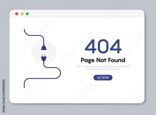 404 error page not found banner. Cable and socket. Cord plug. System error, broken page. Disconnected wires from the outlet. For website. Web Template. Popping window. Web.
