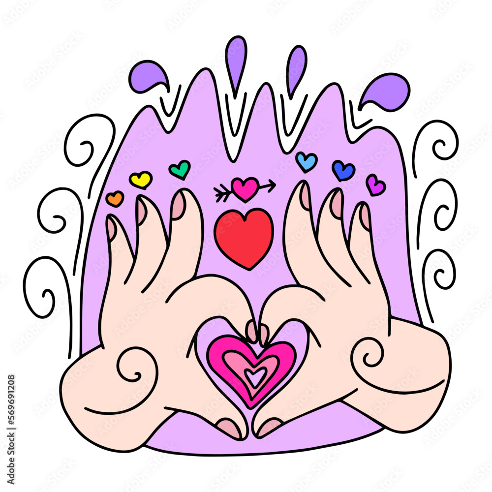 The hands are folded into a heart. There is a multicolored heart above each finger. Congratulations on Valentine's Day. This is a vector picture in the style of a comic book The hands are folded into a heart. There is a multicolored heart above each finger. Congratulations on Valentine's Day. This is a vector picture in the style of a comic book