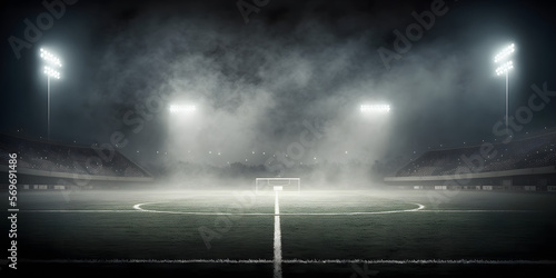 Soccer Football Field Stadium at night with spotlights and fog on stage, Illustration generativ ai 