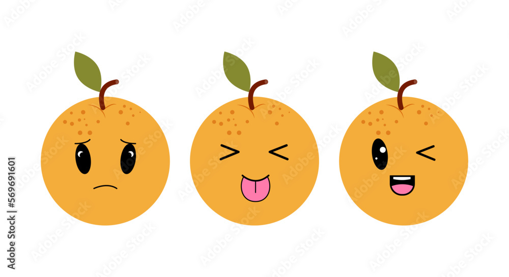 Oranges with kawaii eyes. Flat design vector illustration of oranges Oranges with kawaii eyes. Flat design vector illustration of oranges