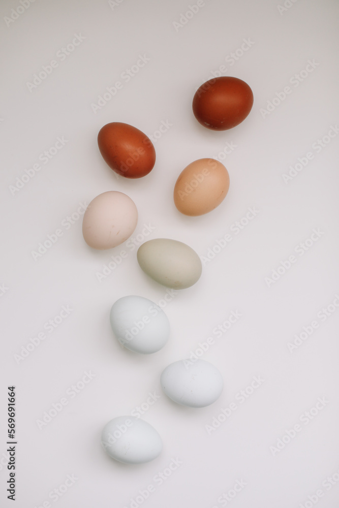 Happy Easter concept. Fresh chicken eggs of natural shades and colors on a white background Happy Easter concept. Fresh chicken eggs of natural shades and colors on a white background