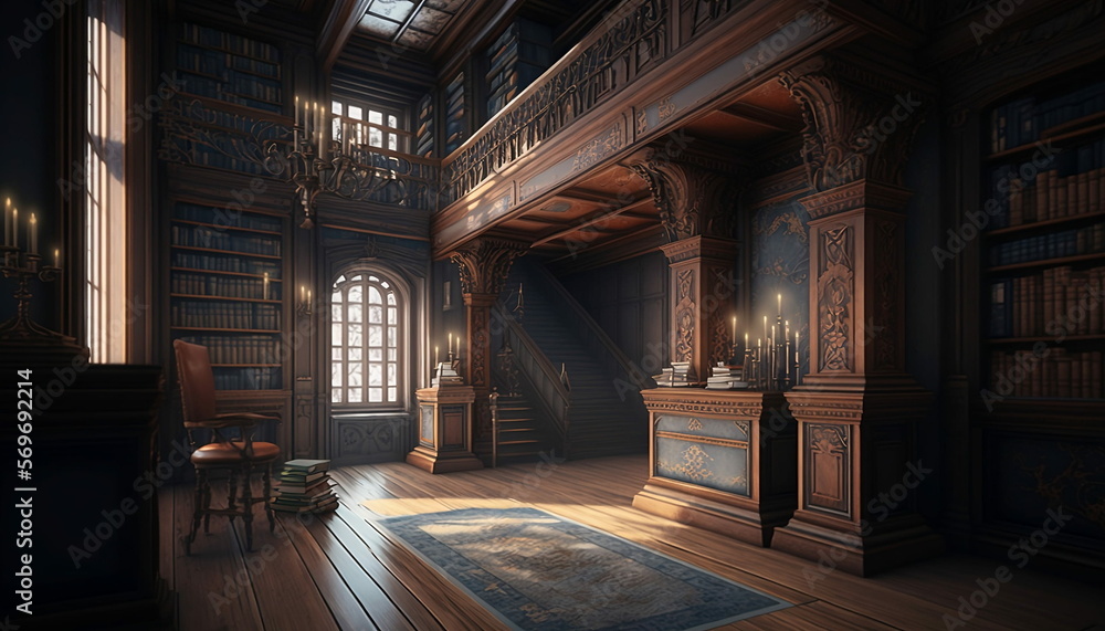 Wooden ornate reading room with books, AI generated