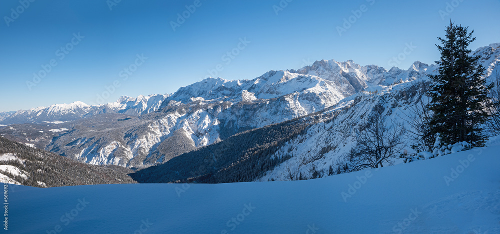 bavarian alps in winter, Wettersteingebirge snow covered. view to the range and valley