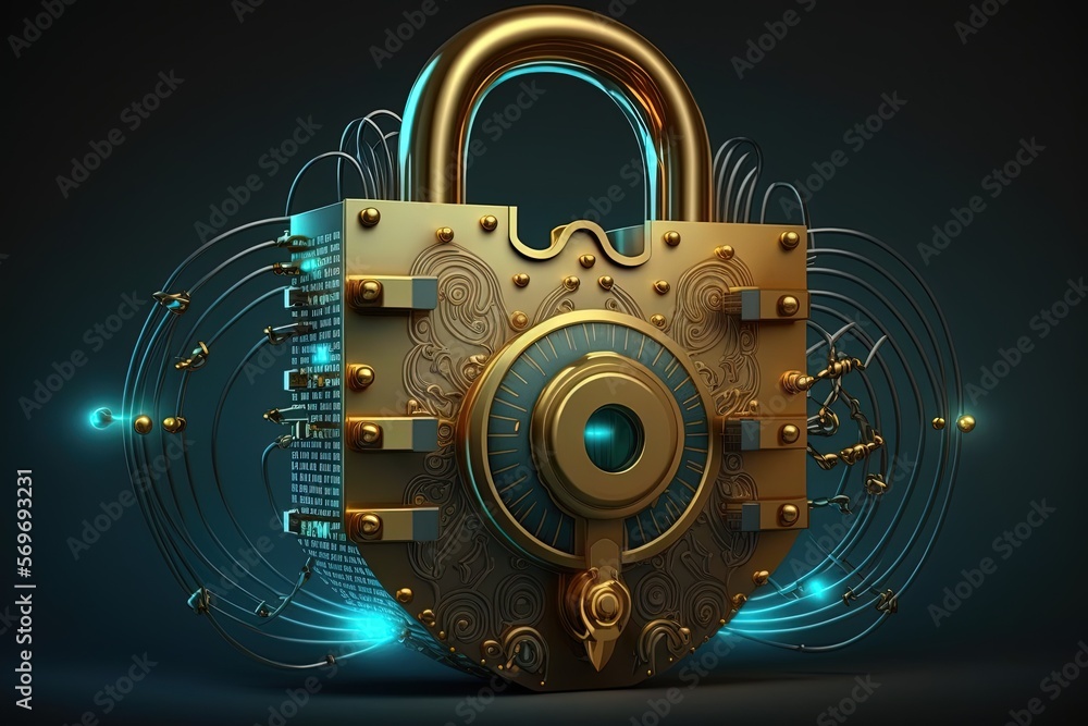 Super technological padlock with circuits, data security concept, background. Generative AI