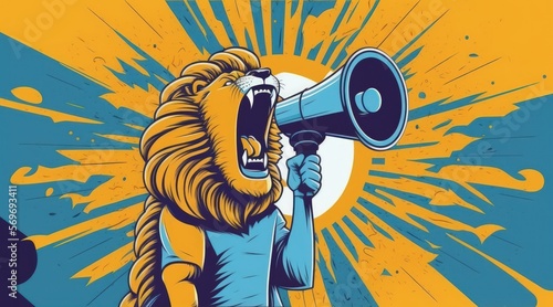 On a blue background, a cool, magnificent lion is shouting into a yellow speaker. A clever notion involving business management and the CEO. Concept for successful management and advertising. Attentio photo