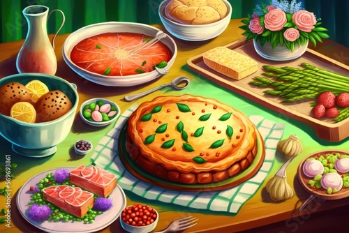 Salmon, asparagus, salad, potato, muffins, and berry pie are all served on a colorful Easter table. Generative AI