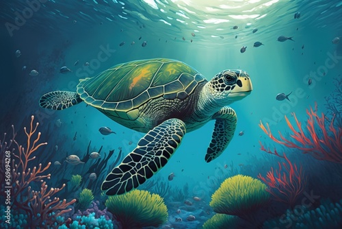 swimming in blue water with a sea turtle. Cute sea turtle swimming in a tropical sea's clear water. picture of a green turtle underwater. Wild marine life in its native habitat. coral reef species tha © 2rogan
