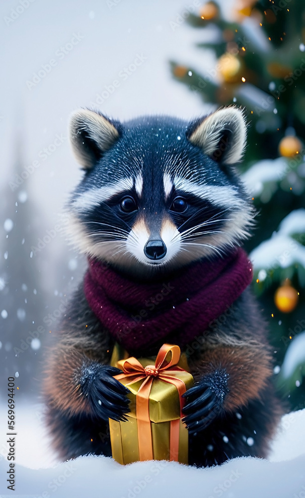 an adorable, beautiful cute baby raccoon, winter scarf on the neck, raccoon holding a gift, among the snow and fir branches
