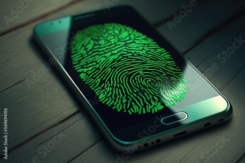 Cell phone with green fingerprint on screen, background. Generative AI