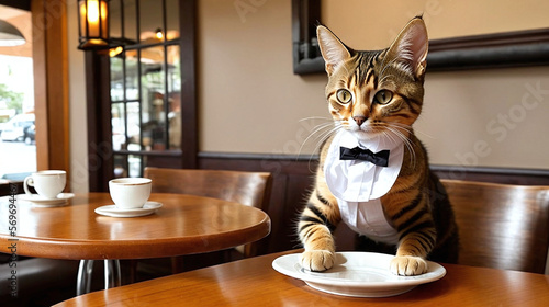 Gato Mesero en el Café-Restaurante de Fantasía: Con Estilo y Patas Listas para Servir, IA Generativa photo