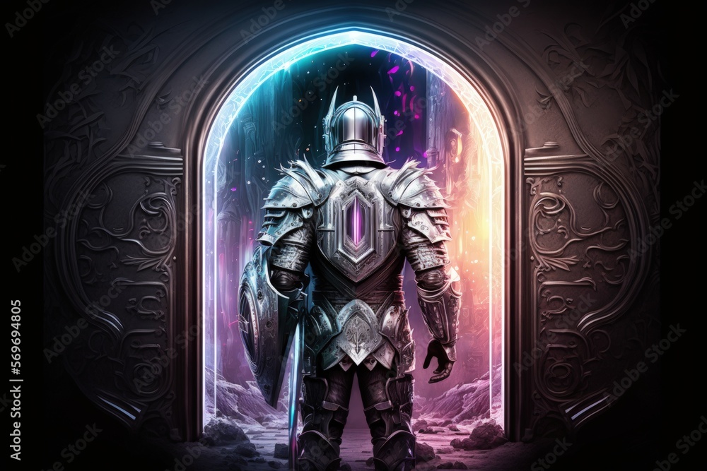 Medieval knight in armor in front of mystical portal, futuristic city in the background of the portal. Generative AI Medieval knight in armor in front of mystical portal, futuristic city in the background of the portal. Generative AI