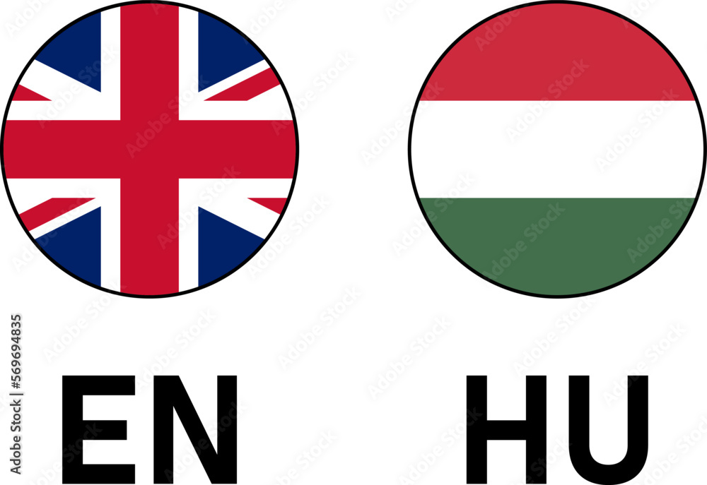 Fototapeta premium Round Flag Selection Button Badge with Thin Black Outline Contour Icon Set with UK and Hungary Flags with Language Codes EN and HU for English and Hungarian. Vector Image.