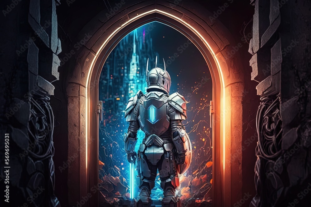 Medieval knight in armor in front of mystical portal, futuristic city in the background of the portal. Generative AI