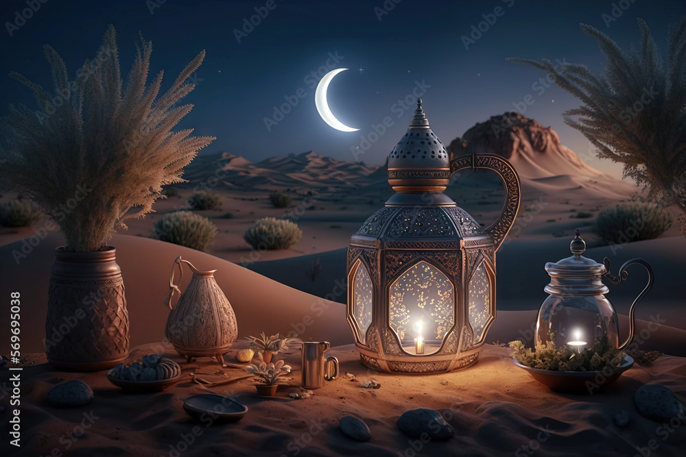 arabia sahara lantern and moon setup for greeting ramadan or eid mubarak cards - obrazy, fototapety, plakaty 