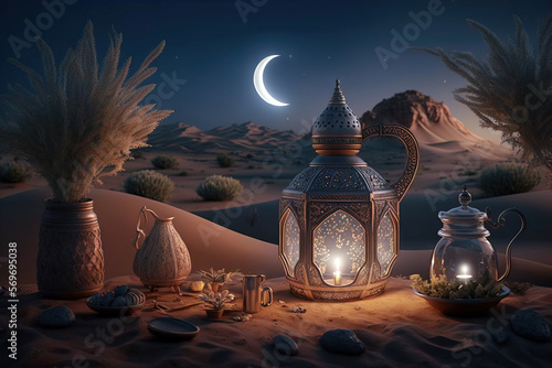 arabia sahara lantern and moon setup for greeting ramadan or eid mubarak cards