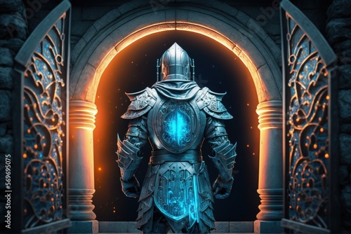 Medieval knight in armor in front of mystical portal. Generative AI