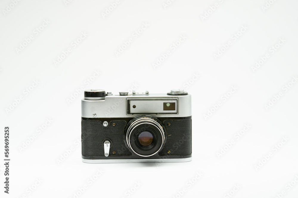 Old vintage film camera isolated on white backgorund. 