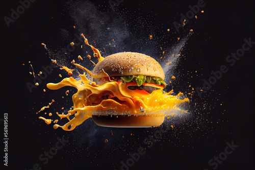 Appetitanregender, explodierender Burger isoliert auf einfarbigen hintergrund - Generative Ai 