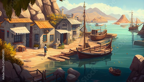 An Illustration of a fishing village in children’s book style. Generative Ai.
