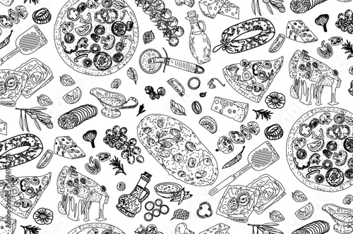 Seamless pizza pattern. Hand drawn pizza illustrations. top view. vector illustration Engraved design.