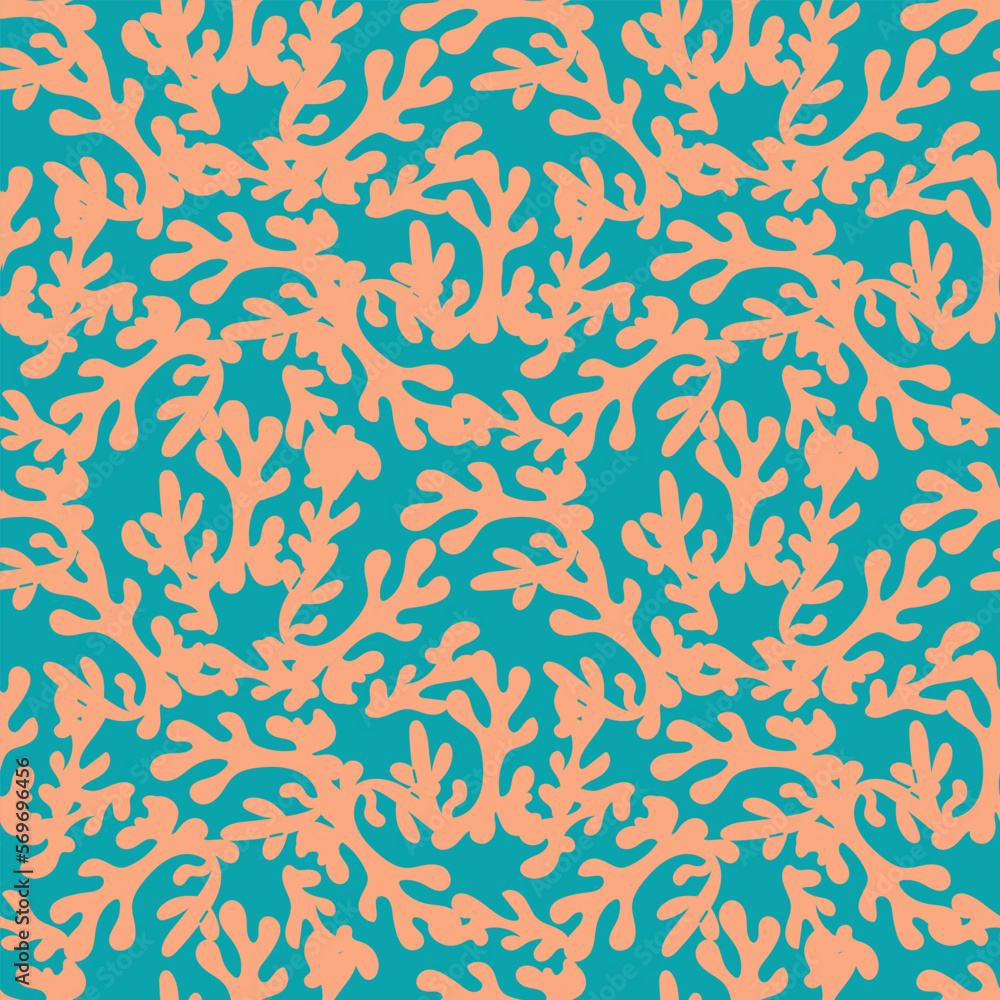 Blue Marine seamless pattern with corals and bubbles on a blue background. Vector illustration