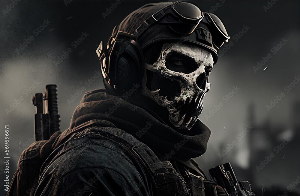 Ghost Skull-Masked Special Forces Soldier in Black Tactical Gear.  Generative AI. Stock Illustration | Adobe Stock
