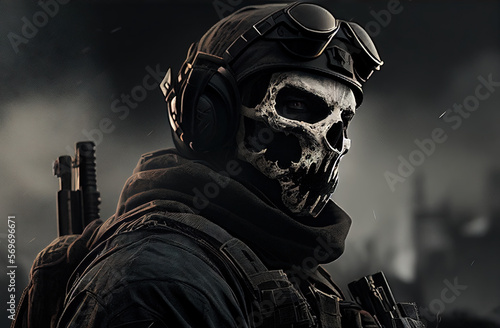 Fotografia Ghost Skull-Masked Special Forces Soldier in Black Tactical Gear