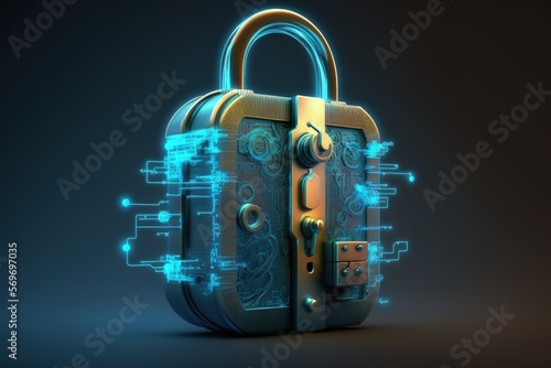 Super technological padlock with blue circuits, data security concept. Generative AI