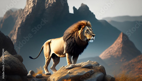 A regal lion with a golden mane surveying his territory from a rocky outcropping