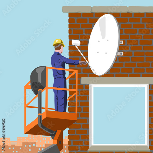 Vector illustration Installation repair of an outdoor satellite dish at a height Worker in the truck tower basket Using a telescopic aerial platform 