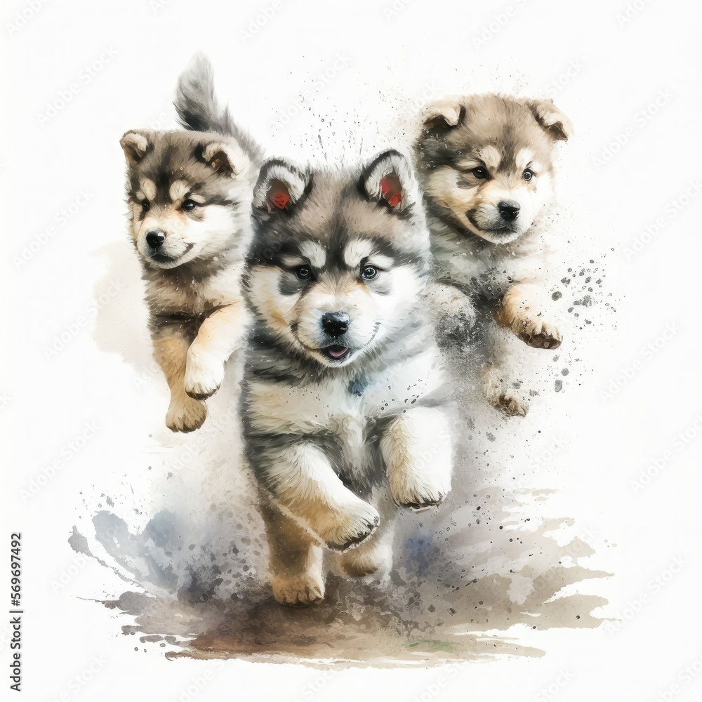 Obraz premium Cute Malamute Puppies Illustration, Generative AI, AI, Generative