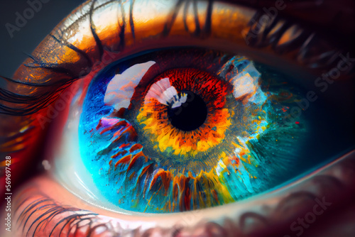 Closeup of eye with colorful iris. generative ai