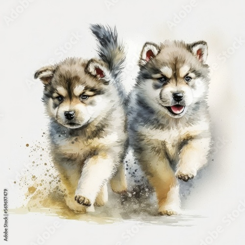 Cute Malamute Puppies Illustration  Generative AI  AI  Generative