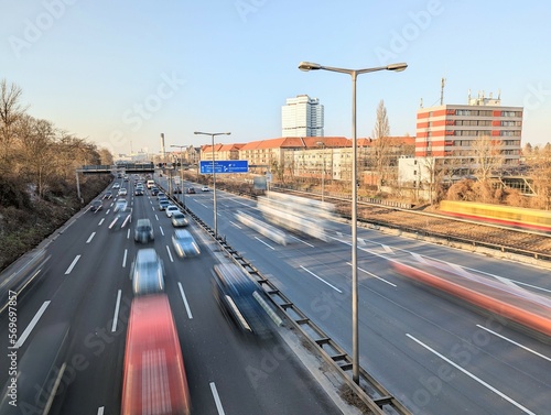 City motorway A100 in rush hour with traffic jams and moving traffic