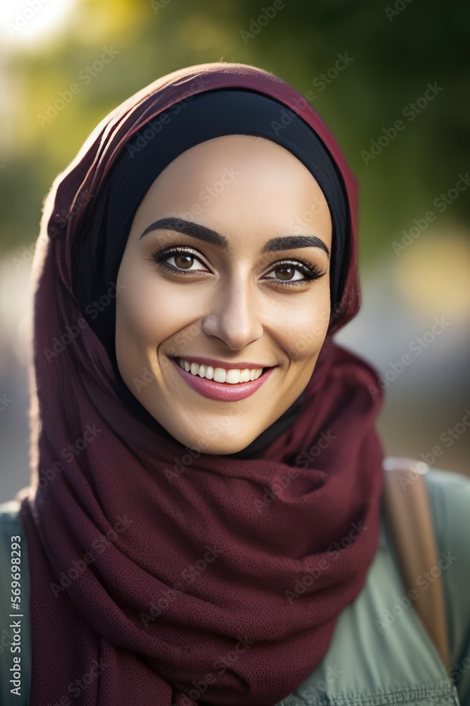 Smiling young college female student wearing a hijab looking at the camera. generative AI Smiling young college female student wearing a hijab looking at the camera. generative AI