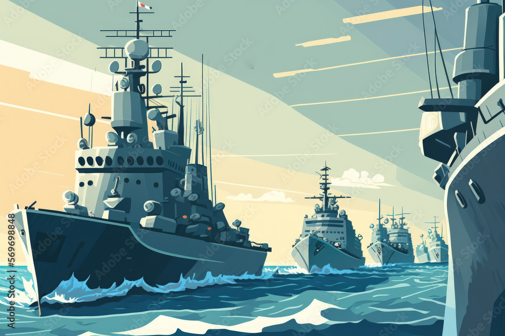 Φωτογραφία View of the Russian Navy, including the northern fleet and the baltic sea fleet in a row, on a sunny summer day during a military exercise