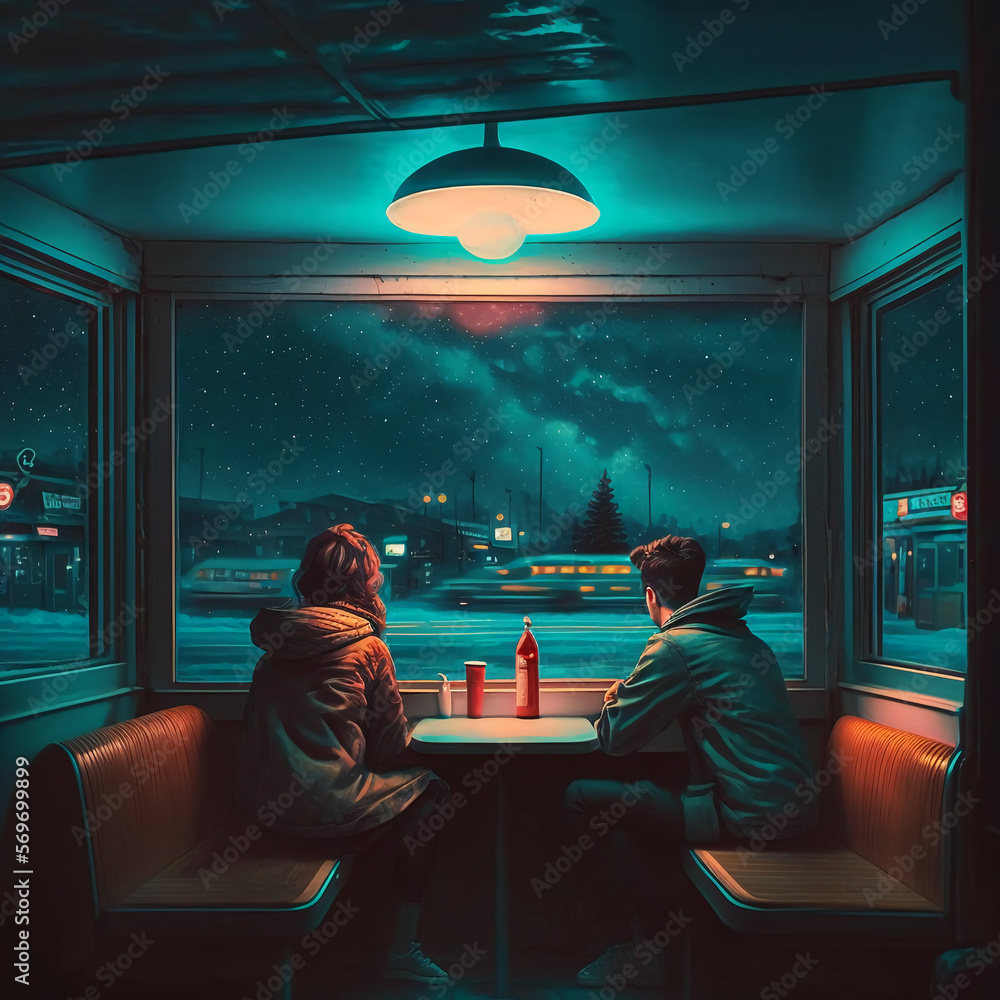 Guy and girl sits by the window inside a deserted