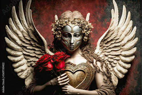 Golden masked Valentine love angel with red roses