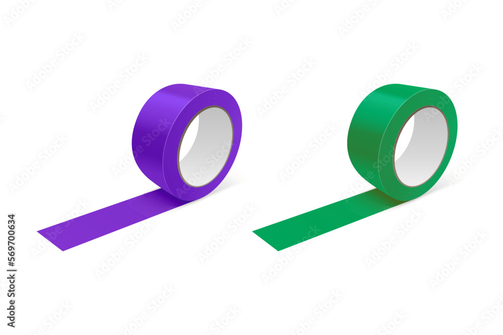 Vector 3d Realistic Glossy Purple and Green Tape Roll Icon Set, Mock-up Closeup Isolated on White Background. Design Template of Packaging Sticky Tape Roll or Adhesive Tape for Mockup. Front View Vector 3d Realistic Glossy Purple and Green Tape Roll Icon Set, Mock-up Closeup Isolated on White Background. Design Template of Packaging Sticky Tape Roll or Adhesive Tape for Mockup. Front View