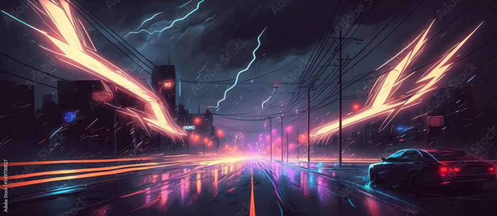 of neon flashes and brilliant lights in a gloomy setting. swiftly moving light lines. Generative AI of neon flashes and brilliant lights in a gloomy setting. swiftly moving light lines. Generative AI