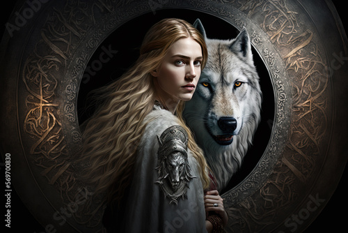Viking Shield maiden with her spirit guide white wolf - Created with generative AI technology