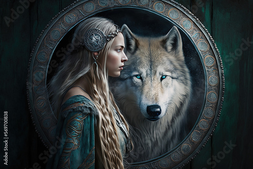 Viking Shield maiden with her spirit guide white wolf - Created with generative AI technology