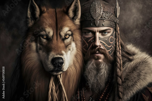 Viking norseman with his wolf spirit guide -  Created with generative AI technology photo