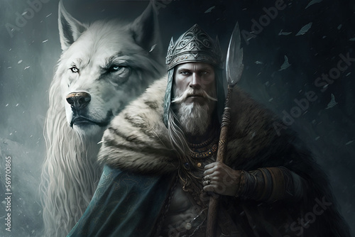Viking Norseman with his white wolf spirit guide -  Created with generative AI technology