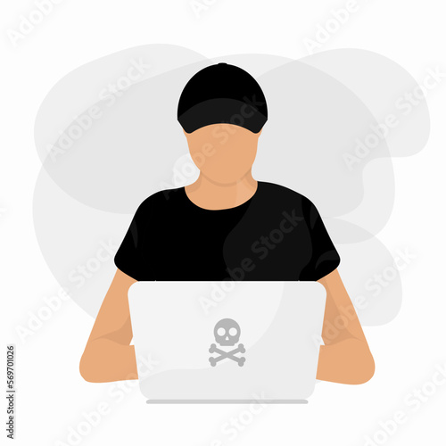 Hacker at laptop icon. Flat illustration of hacker at laptop vector icon for web design. 