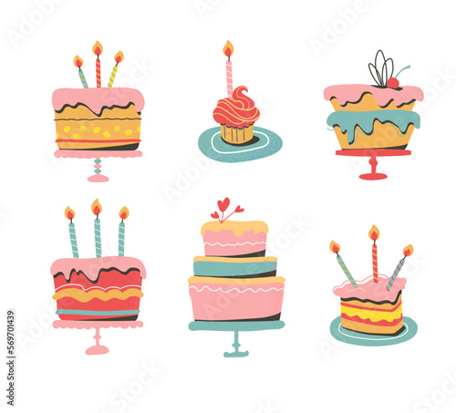 Vector illustration of colorful cakes, cupcakes for a party. Cakes and pies for birthday. Homemade delicacies, bakery products. Isolated on white background.