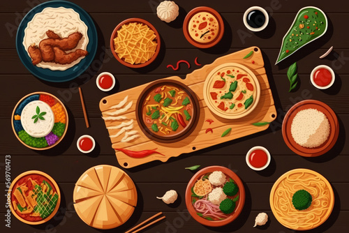 Top view of International Foods on wooden table include Sushi, Sashimi, Nachos, Spaghetti, Naan, Sandwich, Noodle, Steak, Ramen. Yakitori, Pizza, Bibimbap, Fried Chicken Wings, Brownie Frappe