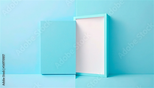 Pastel blue empty paper texture background template, banner for advertising. Rectangular geometric shapes. Copy space. space for text. AI generated.