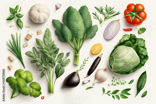 top view of various fresh vegetables and herbs isolated on white. Generative AI