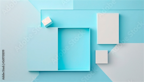 Pastel blue empty paper texture background template, banner for advertising. Rectangular geometric shapes. Copy space. space for text. AI generated.
